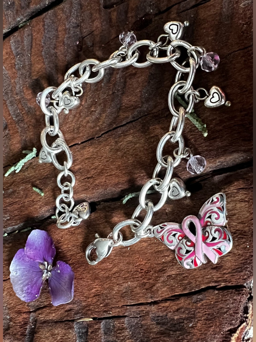 Brighton Charm Bracelet Breast Cancer Butterfly Hearts Pink Ribbon Crystals